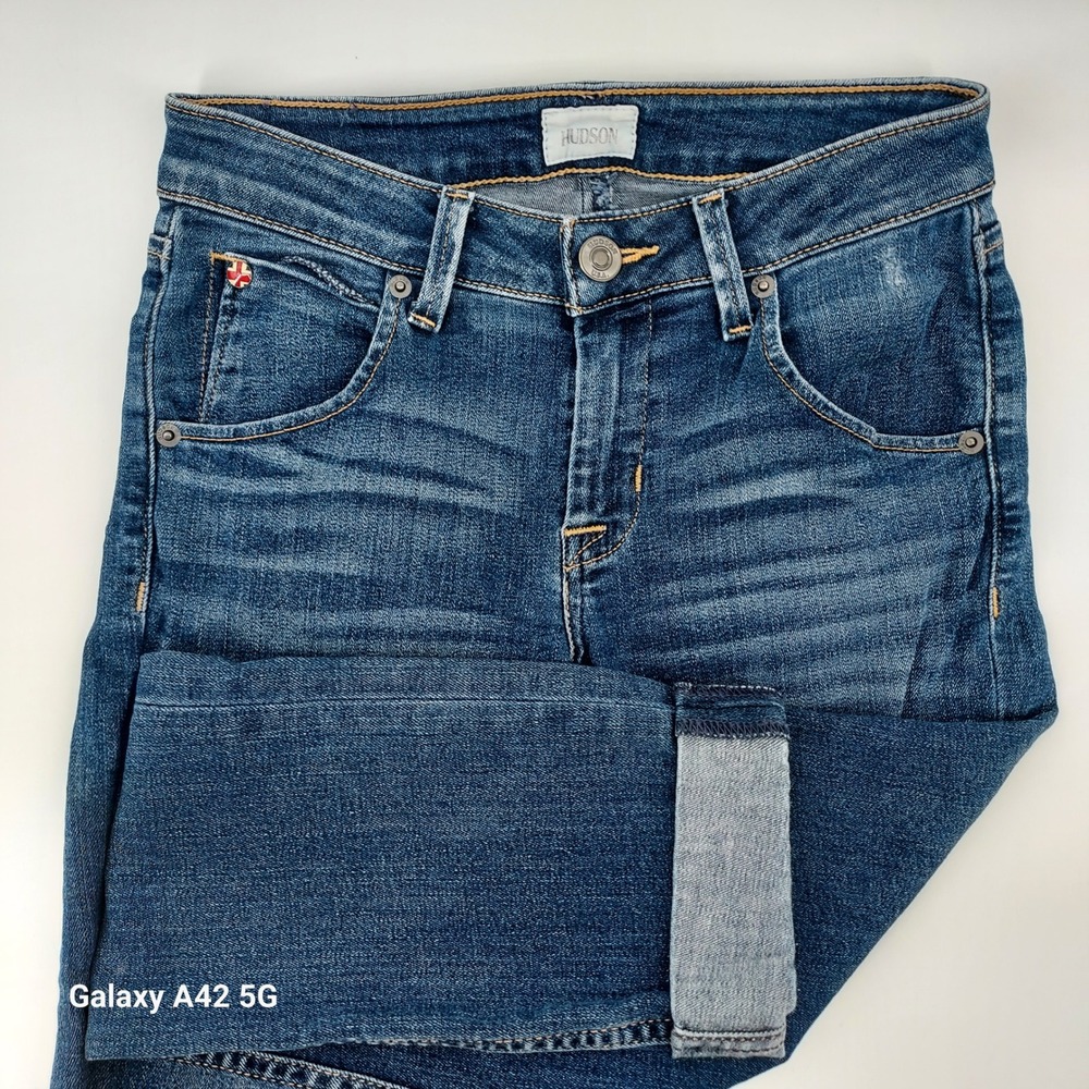 Hudson Jeans Bacara Crop Straight Cuffed‎ Distressed Blue Denim Size 24 NW658ZBA